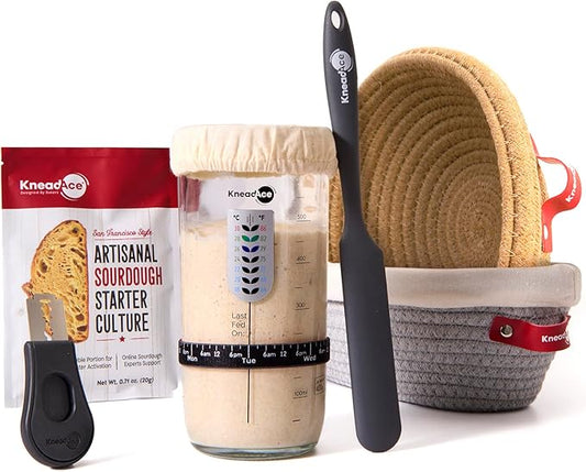 KneadAce Sourdough Starter Kit With Culture, Starter Culture, 24oz Sourdough Jar, 2 x Cotton Rope Banneton Bread Proofing Basket, Bread Lame, Perfect Gifts for bakers Sourdough Bread Baking supplies