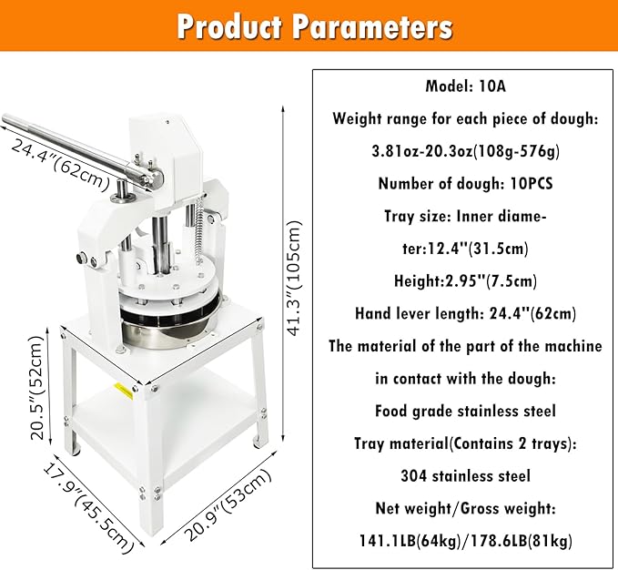 INTSUPERMAI Commercial Dough Divider Cutter3.81oz-20.3oz Equal Dough Dividing Machine Manual 10PCS Hydraulic Dough Divider Cutting Machie Heavy Duty Quantitative Partition Bakery Machine