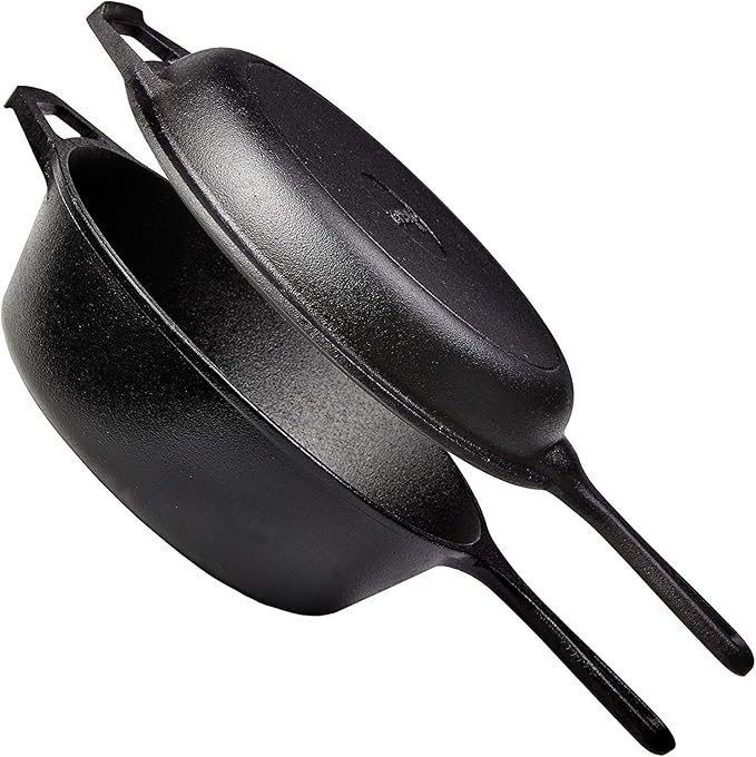Cuisinel Cast Iron 2-In-1 Multi Cooker - 3-Quart Dutch Oven and Skillet Lid Set Oven Safe Cookware + Black Pan Scraper - Use As Dutch Oven and Frying Pan - Indoor and Outdoor Use - Grill, Stovetop