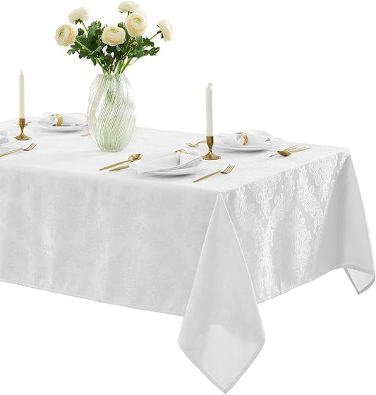 Newbridge Barcelona Luxury Damask Fabric Tablecloth, 70” Extra Wide x 108” Rectangle, White, 100% Polyester, No Iron, Soil Resistant Dining Room, Party and Banquet Table Cover