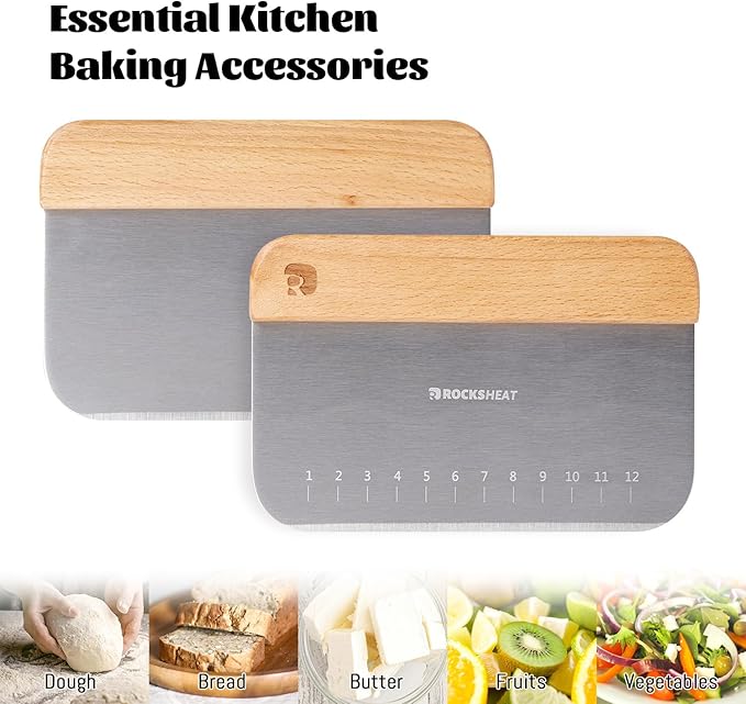 Bench Scraper & Chopper, Stainless Steel Dough Cutter with Wooden Handle, Thick Sharp Blades Pizza Bread Cutter, Multipurpose Kitchen Tool for Baking Cooking