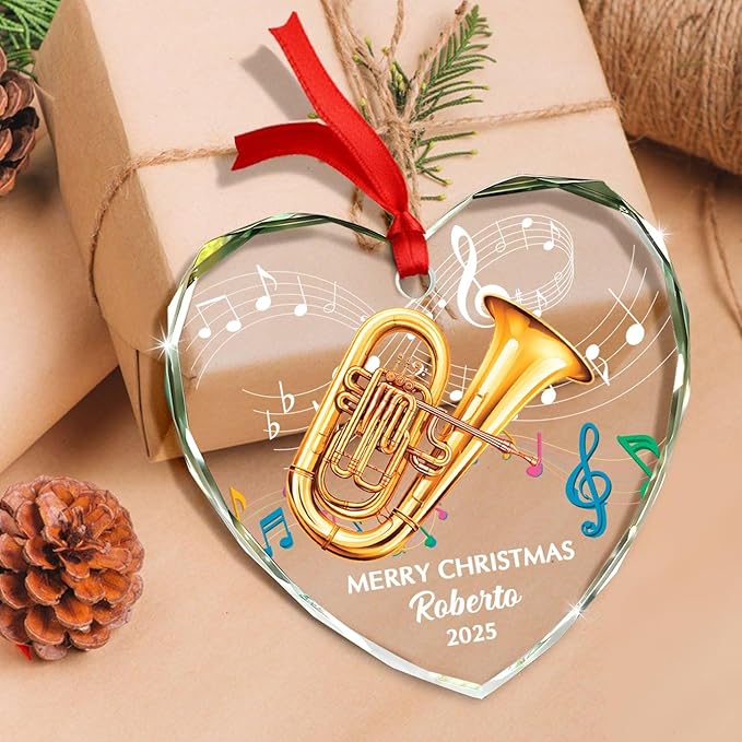 Personalized Year Text Name Tuba Instrument Glass Xmas Tree Ornament, Customized Tuba Lover Keepsake Ornaments Gift for Tubaist Daughter Son Husband Wife, Awesome Tubas Musical Instrument Ornament