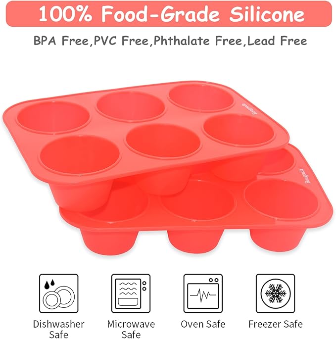Silicone Large Muffin Pan 2 Pack,6 Cup Large Silicone Cupcake Pan,Non-Stick Jumbo Muffin Pans,Food Grade Cupcake Molds,Perfect for Egg Muffin,Big Cupcake