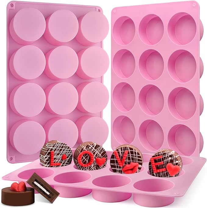 Actvty Round Chocolate Cookie Molds, 3 Pieces 12-Cavity Cylinder Chocolate Silicone Molds for Covered Oreo, Cookies Candy Jelly Mini Cakes and Muffin Baking(Pink)