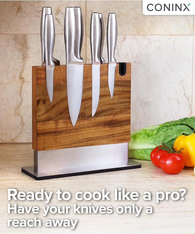 Coninx Magnetic Knife Block with Integrated Sharpener - Double Sided Walnut Wood Knife Holder - Universal Knife Stand with Non-Slip Base for Kitchen Countertop