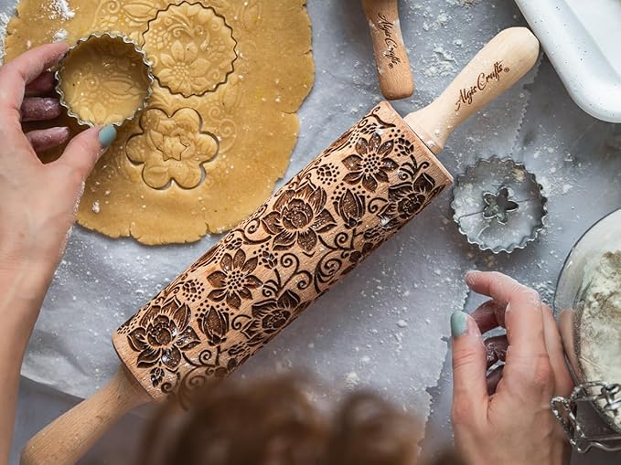 Embossing Rolling Pin BLOOMY with Floral Pattern – Dough and Clay Roller for Embossed Cookies and Pottery - Cookie and Ceramic Stamp - Baking Gifts for Women by Algis Crafts