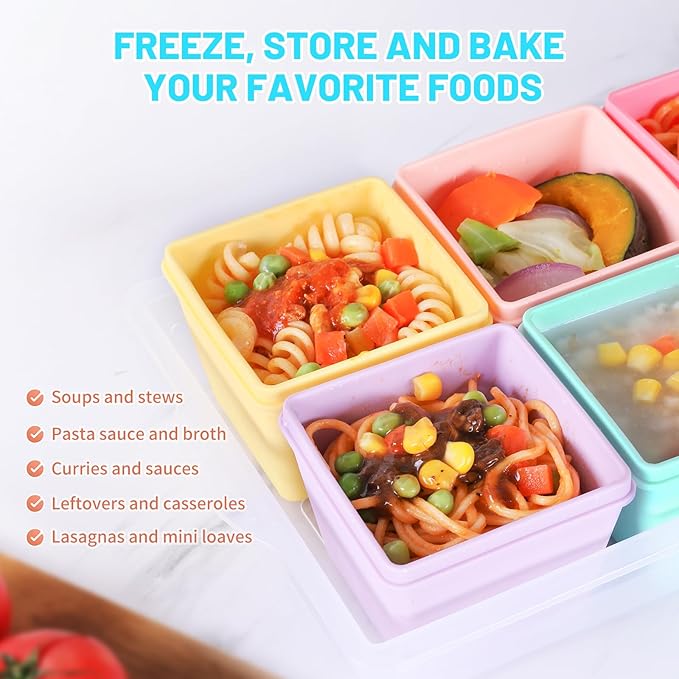 Gemice BPA-Free Silicone Freezer Molds with Base, Individual 6-Pack 1-Cup & 2-Cup Portion Soup Cubes Freezer Tray with Lids for Food Storage, Dishwasher Safe, Silicone Freezer Containers for Meal Prep