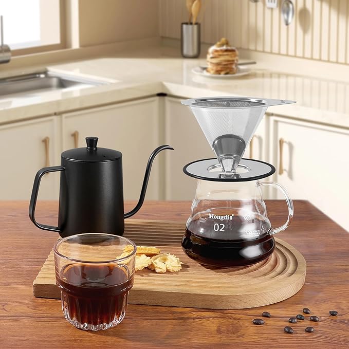 Mongdio Pour Over Coffee Dripper, Stainless Steel Coffee Dripper, Reusable Metal Coffee Filter, Double Mesh Design of Pour Over Coffee Maker, With Removable Base, 1-2 Cups