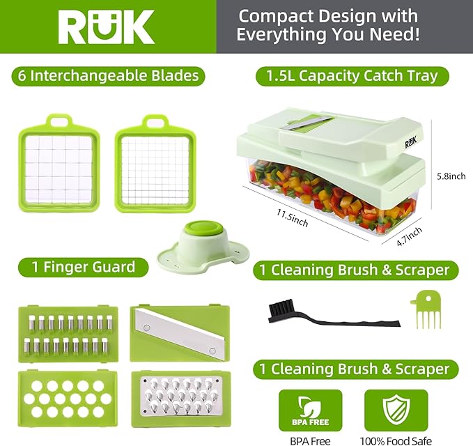 RüK 10-in-1 Vegetable Chopper – 6 Blade Veggie Chopper with Container, Food Dicer, Onion Cutter, Cheese Grater, Mandoline Slicer, Kitchen Gadgets & Home Essentials (Green)