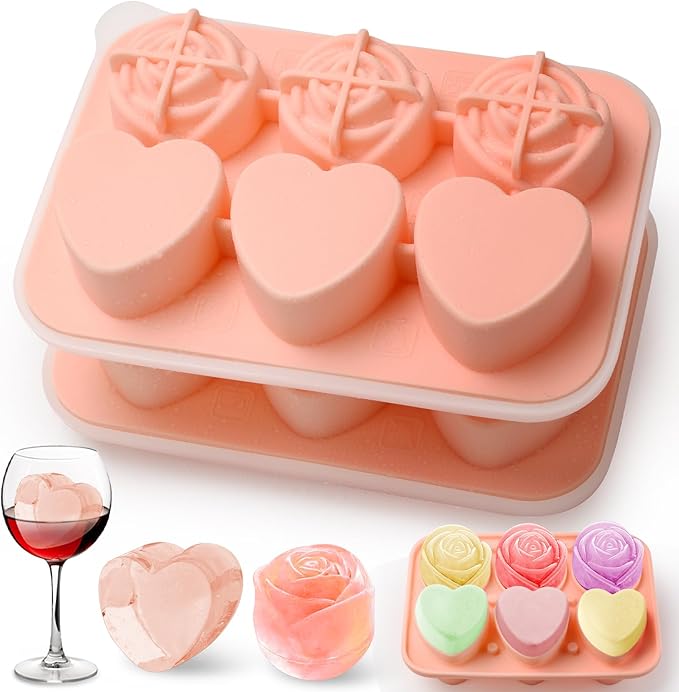 Silicone Ice Cube Trays for Freezer, 2 Pack Cute Ice Cube Tray with Lid,Rose Ice Mold and Heart Ice Mold Make 6 Giant Cute Flower Shape Ice for Cocktails Whiskey Bourbon,Father's day gifts