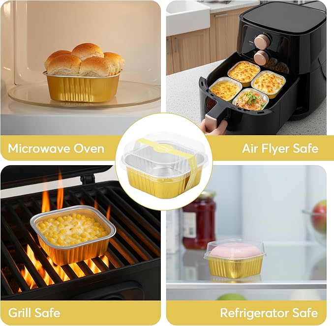 Ruckae 5oz 100 Pcs Square Mini Loaf Pans with Lids-Disposable Foil Dessert Containers,Mini Cake Pans with Lids,Aluminum Dessert Cups for Parties and Weddings (Gold, 5oz)
