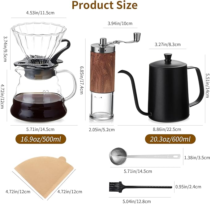 Unbreakable Pour Over Coffee Maker Set – 6-Piece Set with Coffee Maker, Hand Coffee Grinder, Hand Drip Kettle, V60 Filters (40 Sheets), and Measuring Spoon – Perfect for Home Brewing and Travel