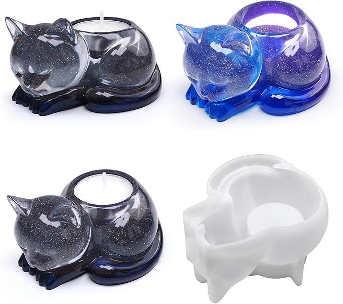 Cat Candle Holder Animal Cylinder Candle & Resin Mold - Resin Casting Silicone Molds for Home Decor & Candle Making Wave Spiral Mold