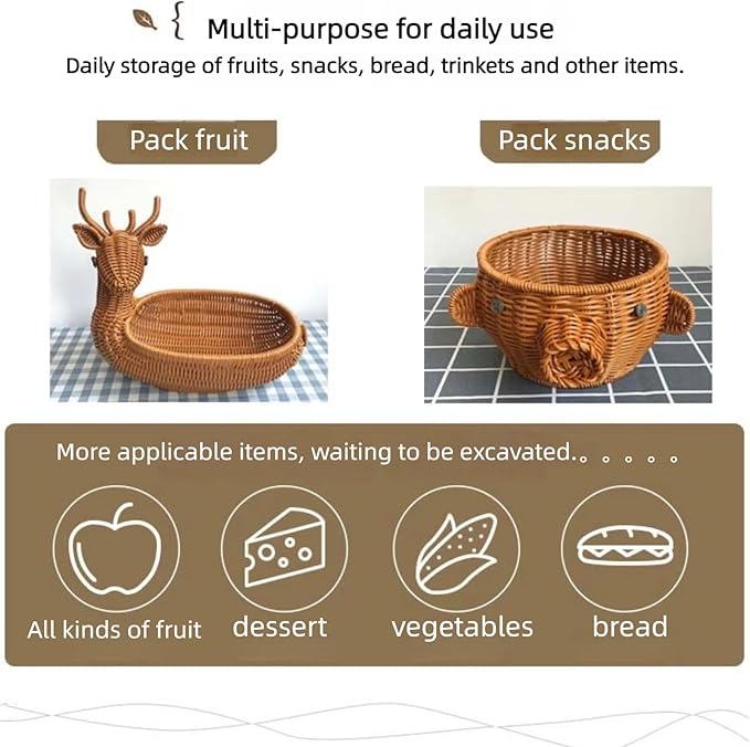 hand-woven round rattan basket storage basket storage box ornaments decorative basket multifunctional picnic food bread basket fruit gift basket key basket. (squirrel)