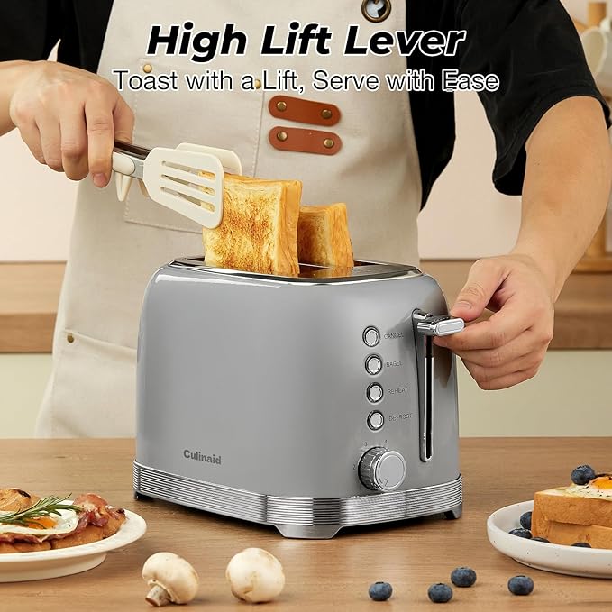 Toaster 2 Slice Retro Stainless Steel with 1.5” Extra Wide Slots Bagel, Defrost, Reheat, Cancel Functions, 6 Bread Shade Settings, Removable Crumb Tray, Gray
