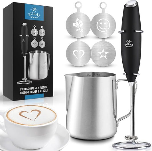Zulay Kitchen Premium Gift Milk Frother Complete Set - Handheld Foam Maker, Stencils & Frothing Pitcher Set - Whisk Drink Mixer for Coffee - Mini Blender for Cappuccino, Frappe - Black
