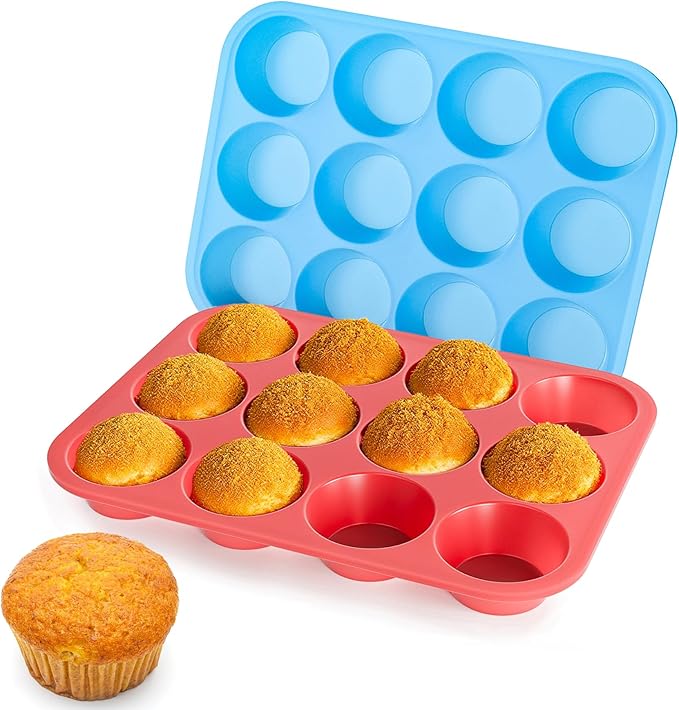 Bangp 12-Cup Silicone Muffin Pan with Metal Reinforced Frame,2 Pack Regular Size Cupcake Pan,Premium Non-Stick Bend Resistance Silicone Molds for Making Muffin,Cakes,Tart,Egg Bites (Red & Blue)