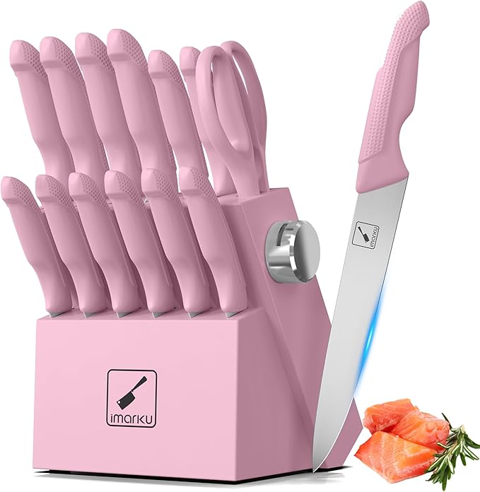 Knife Set Pink, 14pcs Knives Set For Kitchen, Japanese Kitchen Knife Sets With Block, Sashimi Knives For Fish/Meat Slicing, Apartment Essentials, Dishwasher Safe, Gifts For Women