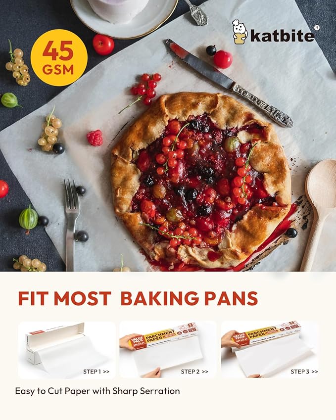 Katbite 2 Pack 15in x 242ft Parchment Paper Roll, 300 Sq. Ft Non-stick Baking Paper with Serrated Cutter, Perfect for Cooking, Air Fryer, Steaming, Bread - Value Pack