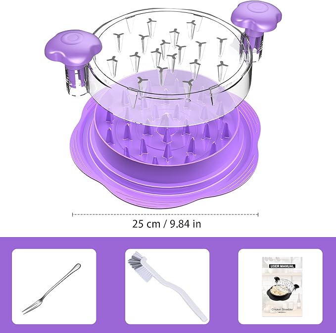 Chicken Shredder Large Chicken Breast Shredder Tool Twist with Brush&Fork, Visible Meat Shredder Machine, Anti-Slip Strip, Ergonomic Handle, BPA Free, Suitable for Pork Beef Chicken(Purple)