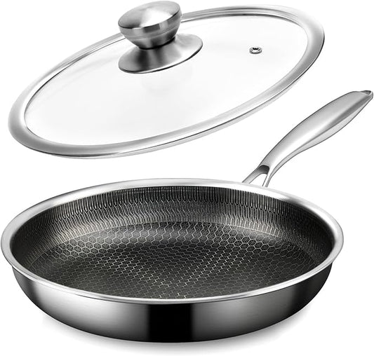 Stainless Steel Frying Pan with Lid, 8 Inch Honeycomb Non Stick Frying Pan, Small Stainless Steel Nonstick Pans W/Lid, Safe Nonstick Skillet Egg Omelete Pans, Oven Safe, Induction Compatible,PFOA Free
