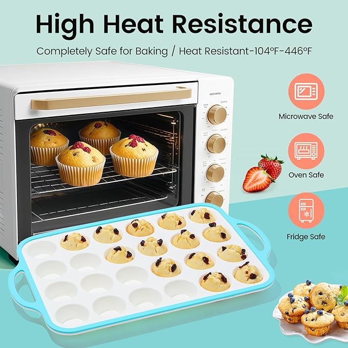 Silicone Mini Muffin Pan With Metal Reinforced Frame - 24 Cups Durable Silicone Cupcake Pan for Muffin, Cupcakes, BPA Free and Dishwasher Safe - 2 Piece Blue