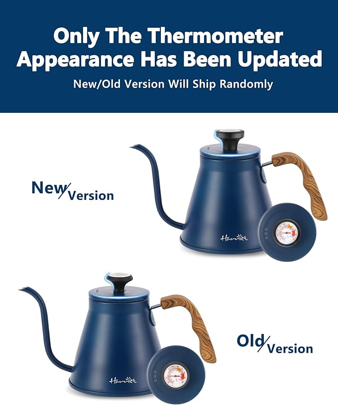 Harriet Gooseneck Kettle with Thermometer for Pour Over Coffee and Tea, 37 fl oz, Stainless Steel, Durable 3-Layer Base, Ideal Spout for Precision Pouring, Compatible with all Stove Tops, Blue