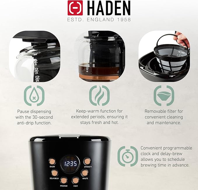 Haden Dorset 4 Slice Wide Slot Stainless Steel Toaster Bundled with 12 Cup Programmable Drip Coffee Maker Coffee Machine, Black & Copper