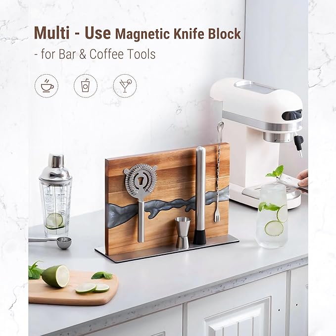 Magnetic Knife Block Holder for Countertop, No Drill Acacia Wood Stand with Epoxy Resin Art & Strong Magnets - Fits Chef Knives & Scissors (No Knives Included)