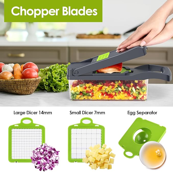 Vegetable Chopper Pro – Putsea 7 Stainless Steel Blades for Veggie chopper– Ergonomic Kitchen Gadget with Container, Easy Clean, Time Saving Mandoline Slicer Vegetable Cutter and Dicers