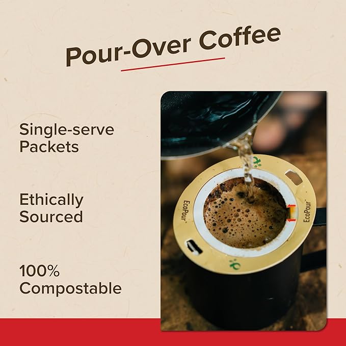 Coulée EcoPour O.G. Coffee, Single Serve Pour Over Colombian Coffee, Medium Roast, Use for Camping or Traveling, Pre Filled Compostable Filters, Ready to Brew with Hot Water, 20 Pack