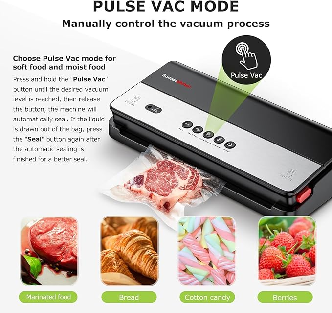 Bonsenkitchen Vacuum Sealer Machine, Multi-Functional Food Sealer with 1 Roll Bag, Bag Storage | Built-in Cutter, Black-Silver
