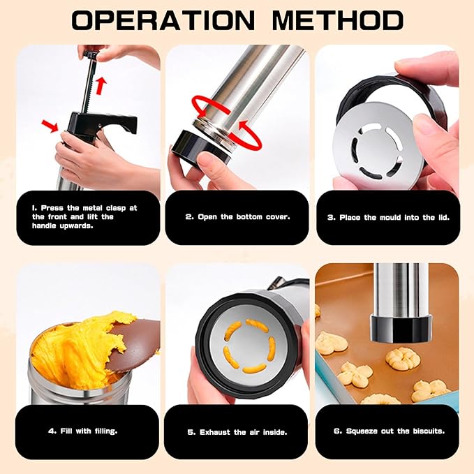 Cookie Press, Cookie Press Gun for Baking, Spritz Cookie Press, Stainless Steel Churros Maker Machine Kit, with 6 Brushes, 13 Cookie Discs, 8 Icing Nozzles, for Cookie Decorating