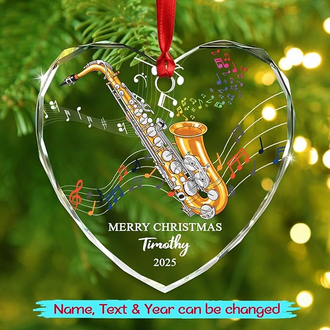 Unique Alto Saxophone Instrument Glass Christmas Ornament, Customized Year Text Name Alto Saxophone Player Ornaments Gift for Women Men Friends Besties, Personalized Musical Instrument Glass Ornament