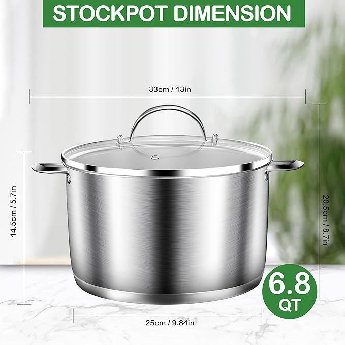 Cooking Pot, Stainless Steel Stock Pot, Soup Pot with Glass Lid, Induction Pots - 6.8 Quart