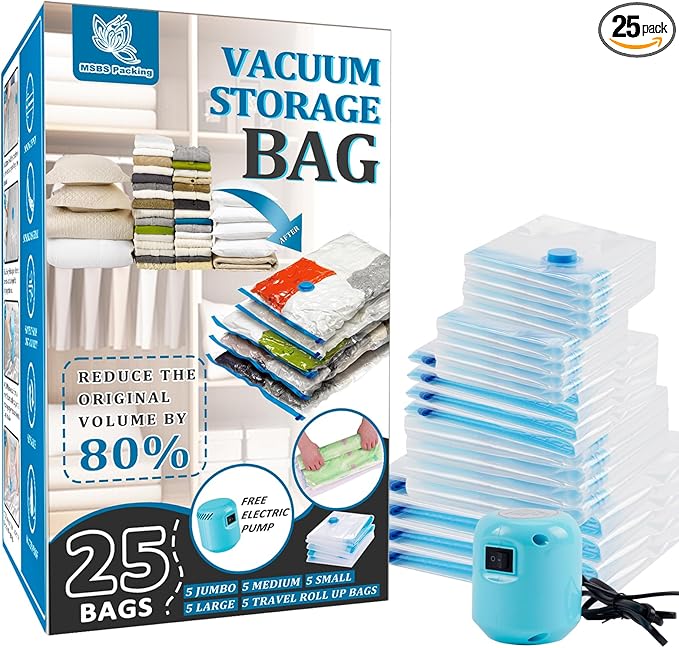 25 Pack Vacuum Storage Bags with Electric Pump, Space Saver Bags (5 Jumbo/5 Large/5 Medium/5 Small/5 Roll) Compression for Comforters and Blankets, Sealer Clothes Storage Travel Essentials