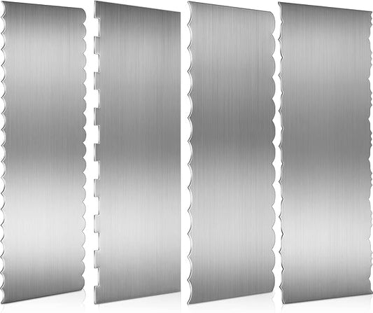 Geiserailie 4 Pieces Stainless Steel Cake Scraper Smoother Large Double Sided Patterned Edge Stripe 9 Inch Metal Cake Decorating Comb for Icing Mousse Butter Cream Decoration, 4 Styles