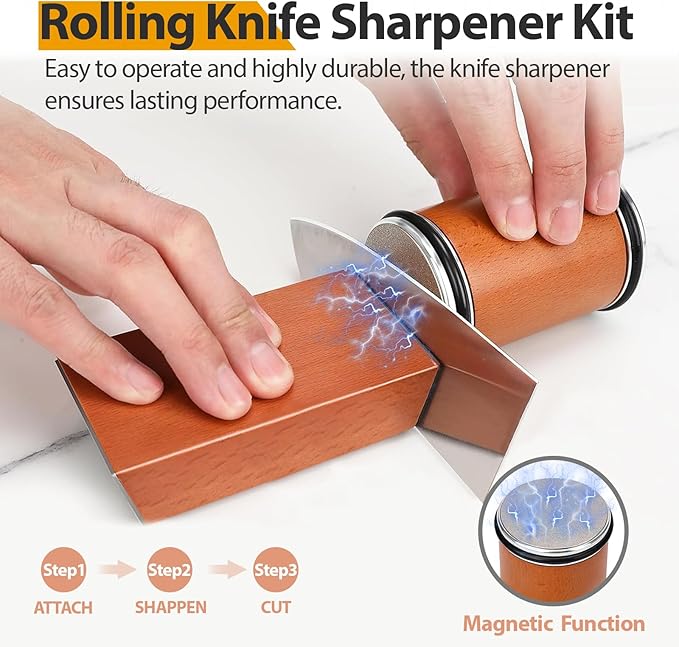 Rolling Knife Sharpener Kit, Magnetic Knife Sharpening Tool for Mother's Day Gift, Manual Sharpening Made Easy, Kitchen Roller Knives Set with 15 & 20° Multi-Angles for Chef, Scissors, Kitchen Knives