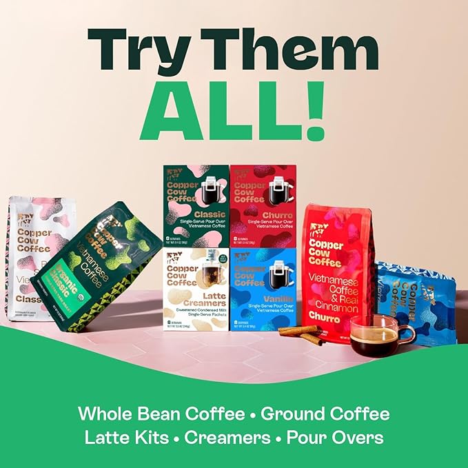 Copper Cow Coffee Premium Pour Over Single-Serve Vietnamese Coffee | Best Brews Variety Pack (Includes 5 coffees) | Classic Black, Churro, Vanilla, & Salted Caramel, Travel Friendly
