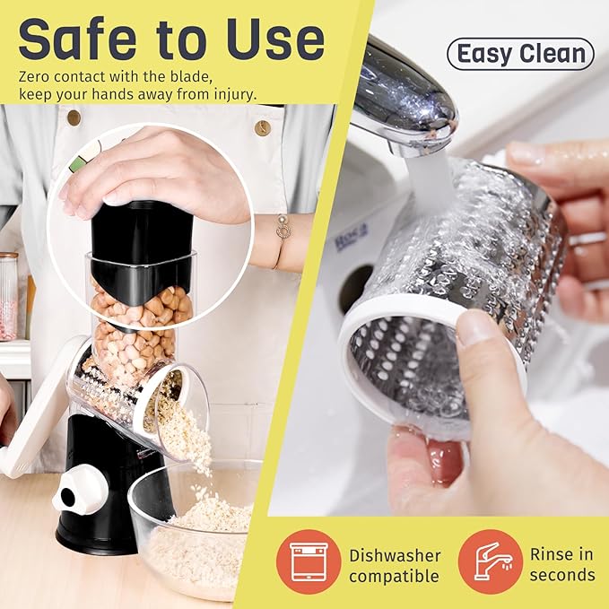 X Home Rotary Cheese Grater for Kitchen, Shredder with 3 Interchangeable Blades, Rotary Grater with Handle and Strong Suction Base, for Vegetables, Fruit, Nuts, Easy to Use and Clean, Black