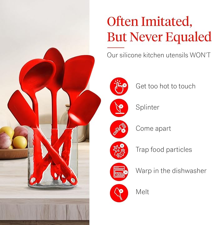GIR: Get It Right 5-Piece Silicone Essentials Kitchen Utensils Set - Ladle, Spatula, Flip, Spoon & Spoonula - Non-Toxic Cooking Utensils for Nonstick Cookware, Cooking and Baking - Fire Red
