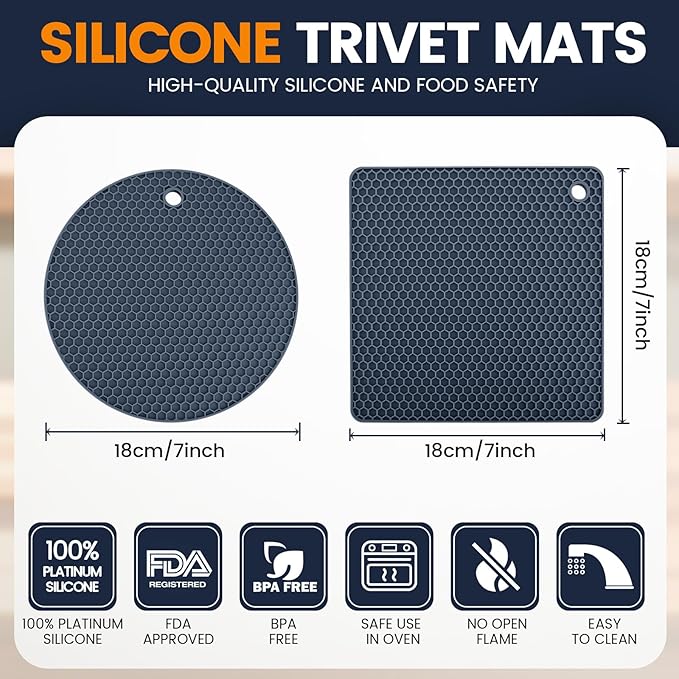 Silicone Trivet Mats 4 Heat Resistant Pot Holders Multipurpose Non-Slip Hot Pads for Kitchen Potholders, Drying mat, Jar Opener, Spoon Holder, Coaster(Navy Blue)