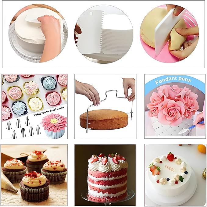 198 Pcs Cake Decorating Kit with Aluminium Alloy Cake Turntable,24 Numbered Icing Piping Tips,2 Couplers,2 Cake Spatulas,3 Comb Scrapers,8 Carved Pens, 50 Pastry Bags,50 Cake Flags