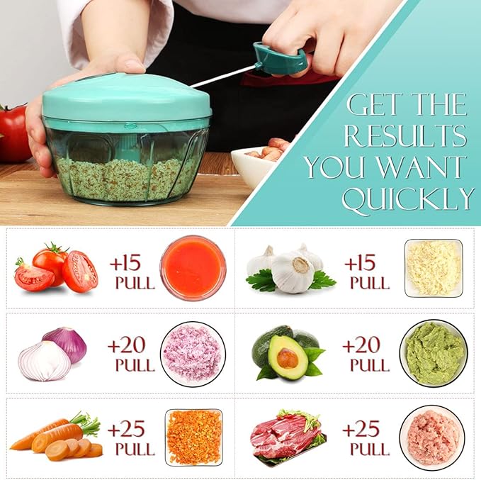 Ourokhome Manual Food Processor Vegetable Chopper, Portable Hand Pull String Garlic Mincer Onion Cutter for Veggies, Ginger, Fruits, Nuts, Herbs, etc., 500ml, Blue