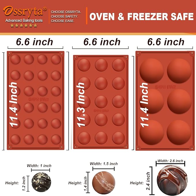 3Pcs Semi-Sphere Silicone Molds - Half Sphere Baking Mold Set for Chocolate Bombs, Dome Cakes, Candy, Jelly & Mousse - Reusable Non-Stick Chocolate Mold (6/15/24-Cavity)