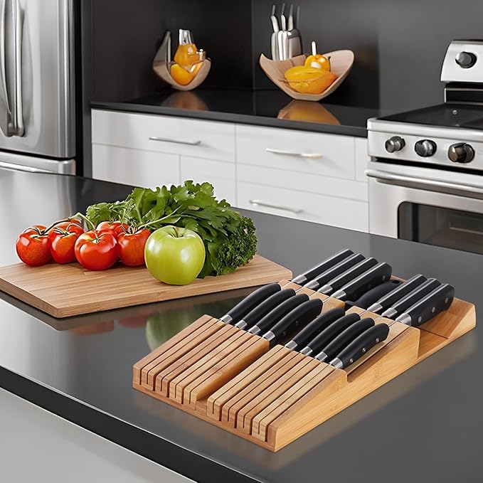 HHXRISE Knife Drawer Organizer, Bamboo In-Drawer Insert Knife Block Holds 16 Knives (Not Included) + Sharpener Slot, Detachable Washable Holder for Kitchen Knives Storage