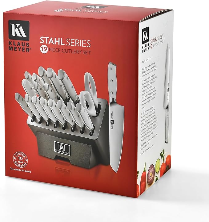 Klaus Meyer Stahl 19 Piece High Carbon Exclusive German Steel Knife Block Set (White)