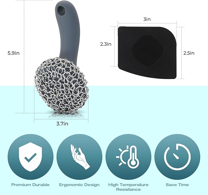 Cast Iron Scrubber with Long Handle | 316 Cast Iron Cleaner Chainmail Scrubber for Pan Skillet Cleaner - Dish Scouring Pad Dishwasher Safe Cleaning Kit (Grey, 1 Scrubber + 1 Scraper)