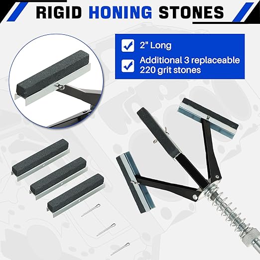 DASBET Engine Brake Cylinder Hone | Engine Cylinder Hone Tool for Grinding Holes Adjustable Deglazer 1-1/4" to 3-1/2" Diameter with Extra 3-Piece 2'' Long Stones 220 Grit (2")