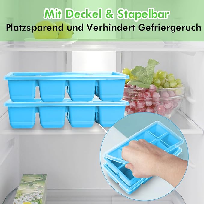 Large Ice Cube Molds 2 Pack, FURNSII Silicone Ice Cube Tray for Freezer with Lid, 8 Giant Square Cubes, Easy Release Stackable Ice Molds for Whisky Cocktails (Pink)